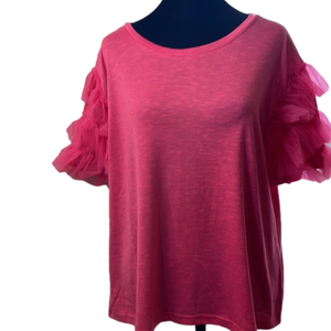 NWT BiBi hot pink short sleeve T shirt. Tulle ruffle sleeves Women’s size XLarge